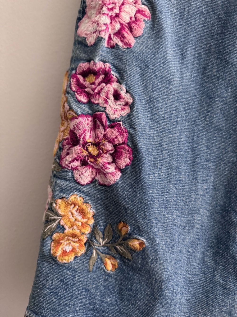 DRIFTWOOD Blue Boot Cut Jeans with Pink & Gold Floral Embroidery - Picture 9 of 13
